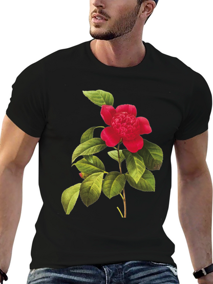 Botanical Camellia Flower Print Black Tee