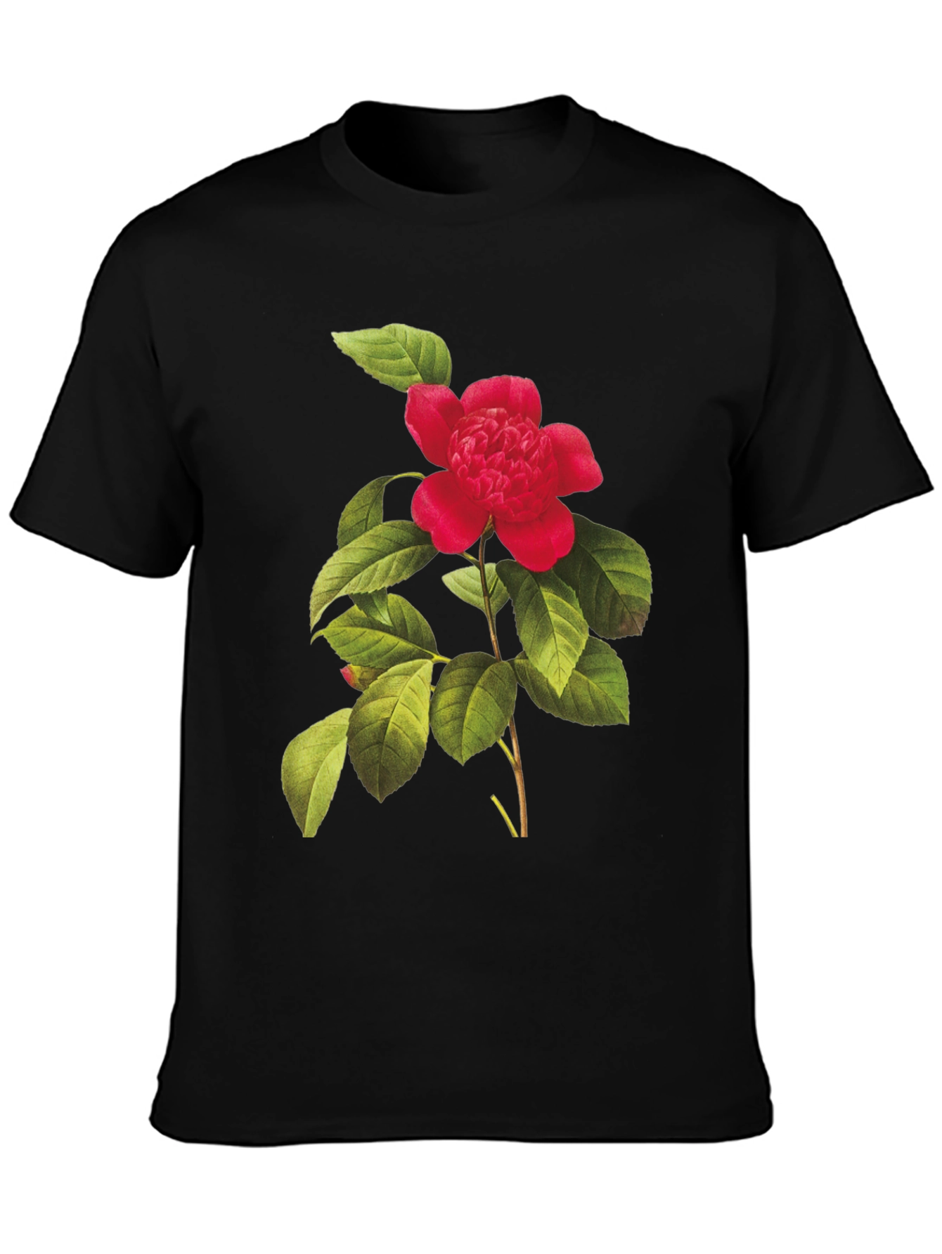 Botanical Camellia Flower Print Black Tee