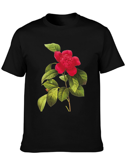Botanical Camellia Flower Print Black Tee