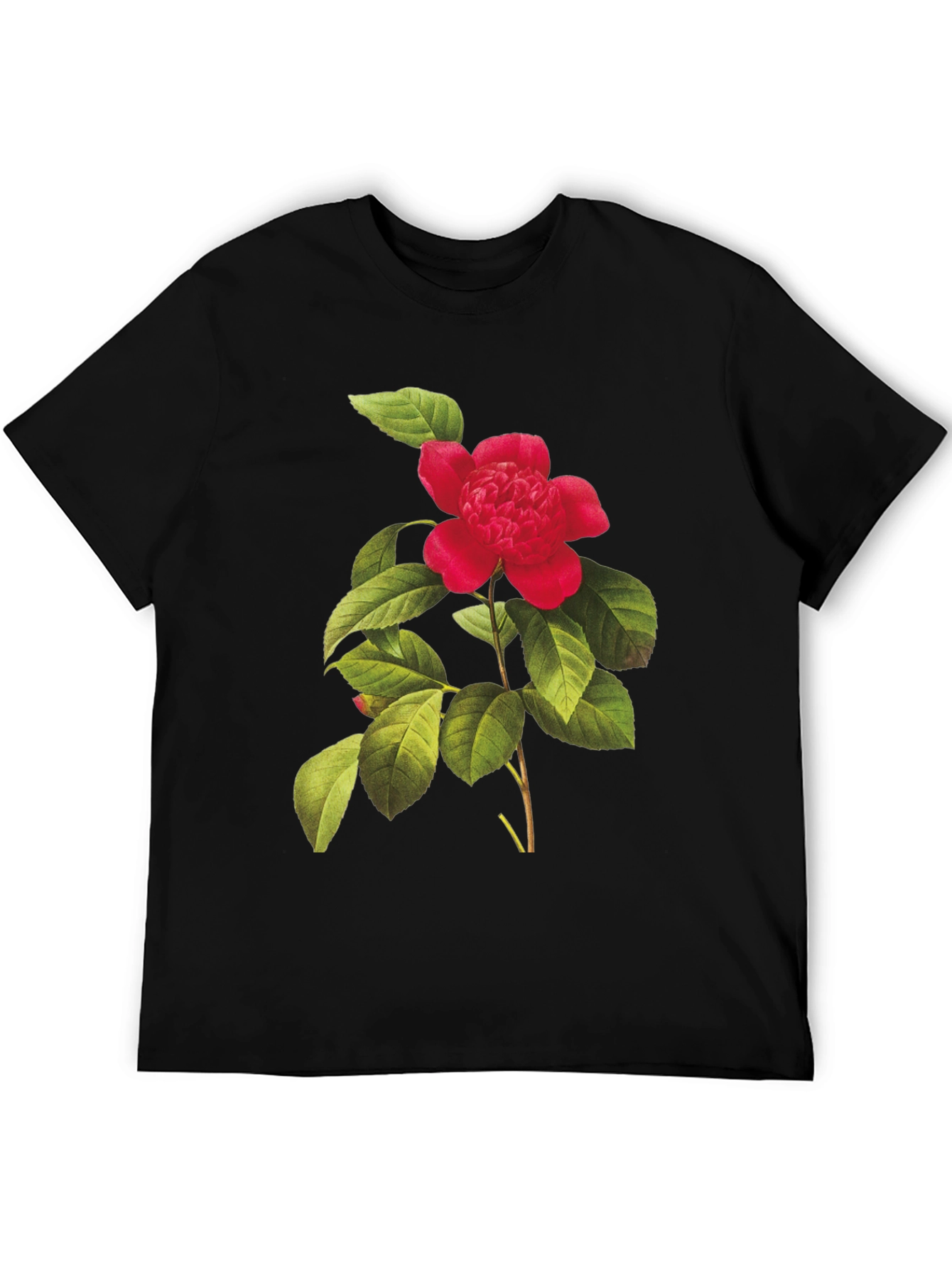 Botanical Camellia Flower Print Black Tee