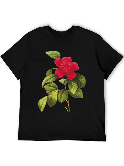 Botanical Camellia Flower Print Black Tee