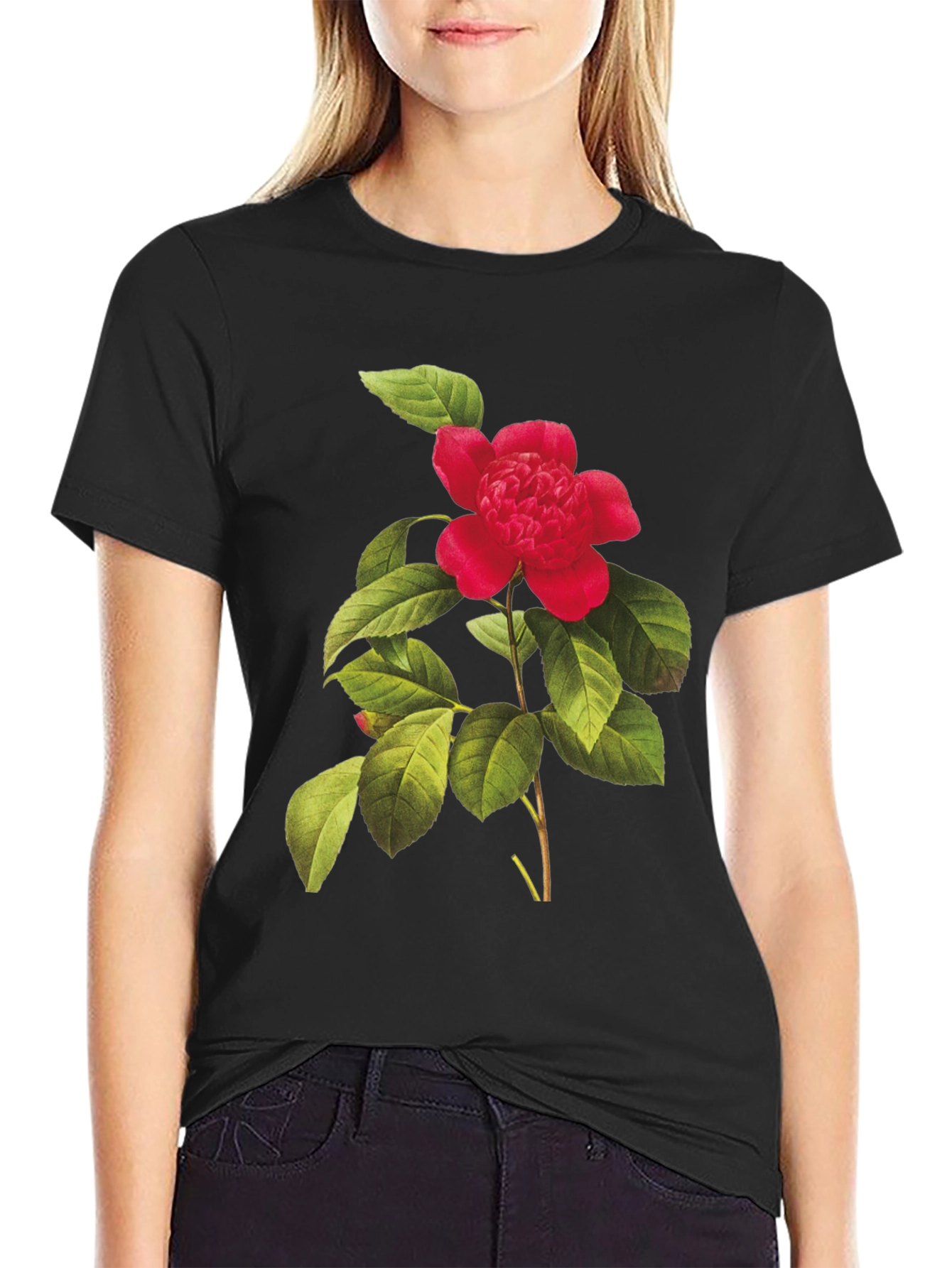 Botanical Camellia Flower Print Black Tee