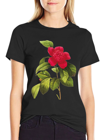 Botanical Camellia Flower Print Black Tee