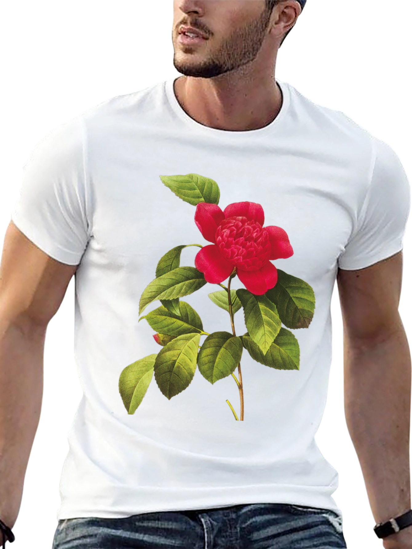 Botanical Camellia Flower Print Black Tee