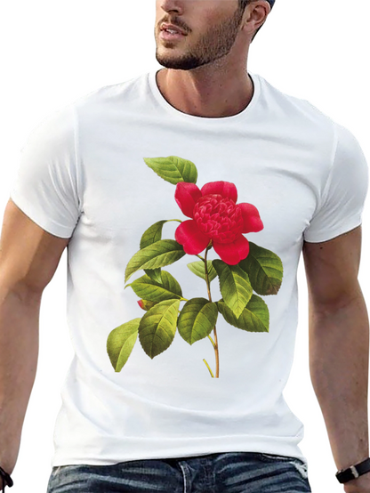 Botanical Camellia Flower Print Black Tee
