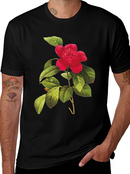 Botanical Camellia Flower Print Black Tee