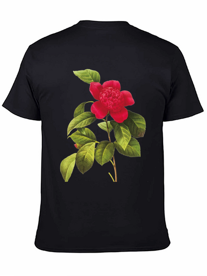 Botanical Camellia Flower Print Black Tee