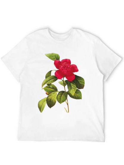 Botanical Camellia Flower Print Black Tee