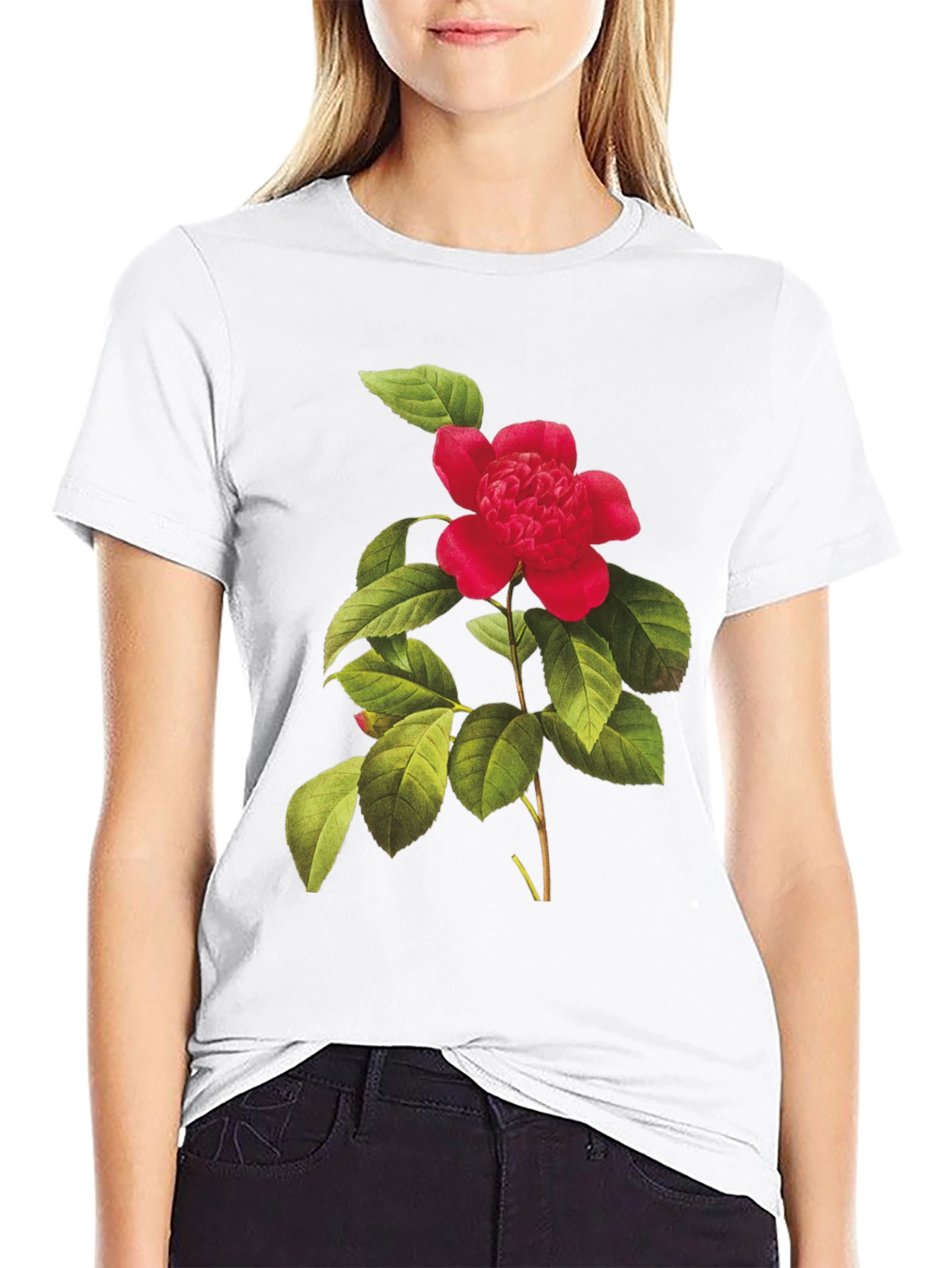 Botanical Camellia Flower Print Black Tee