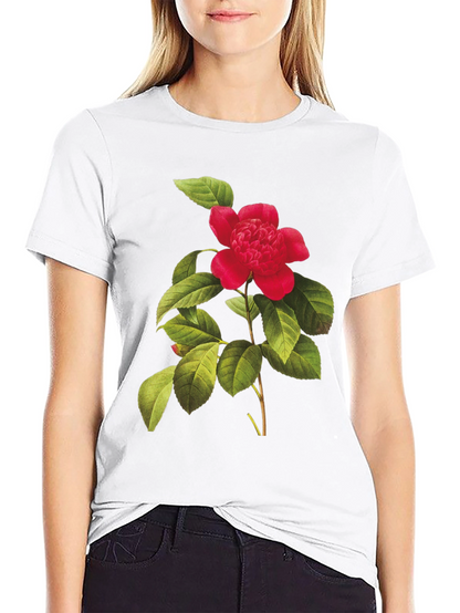 Botanical Camellia Flower Print Black Tee