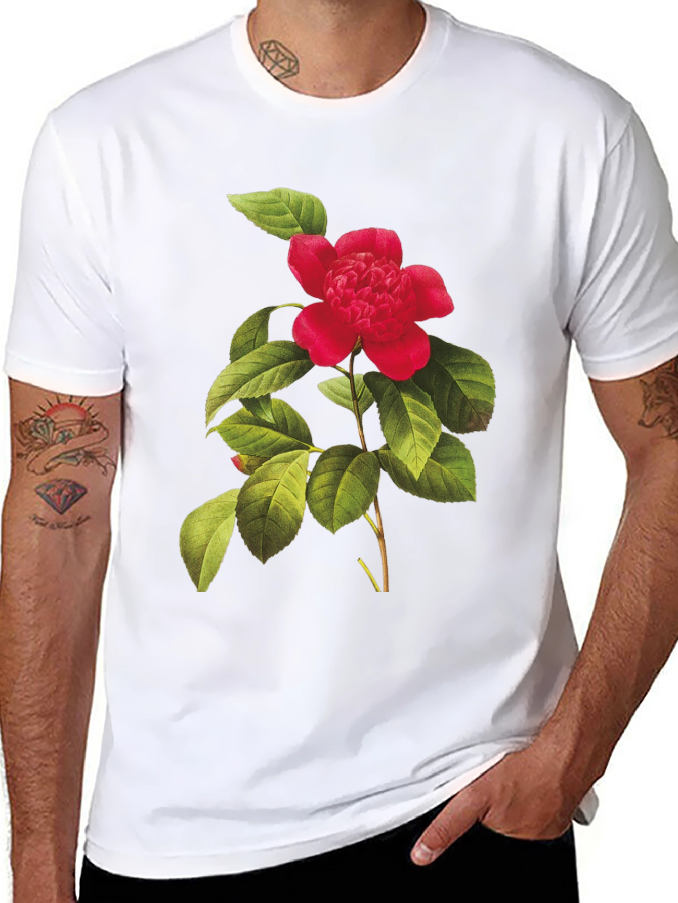 Botanical Camellia Flower Print Black Tee