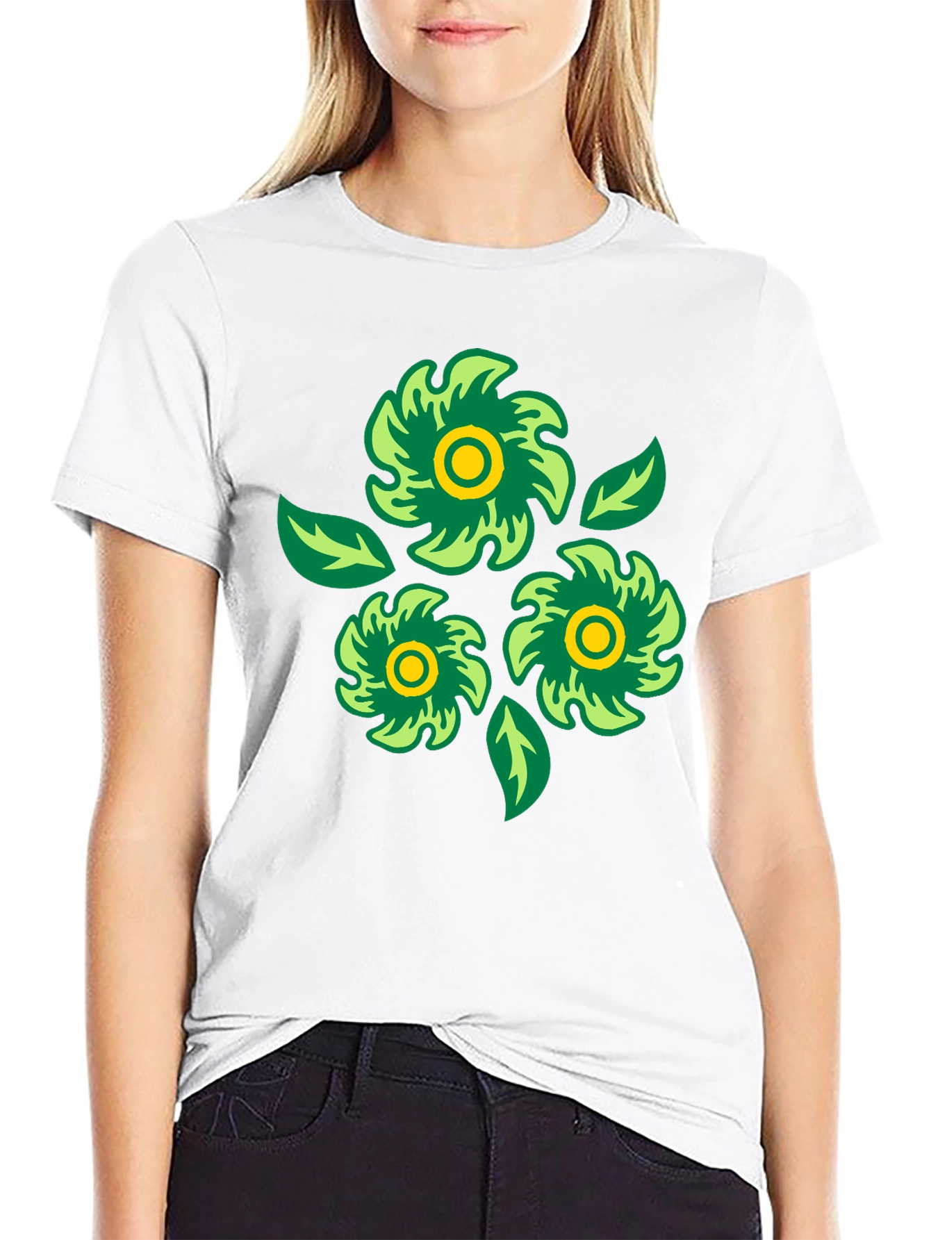 Green Floral Graphic Print Black T-Shirt
