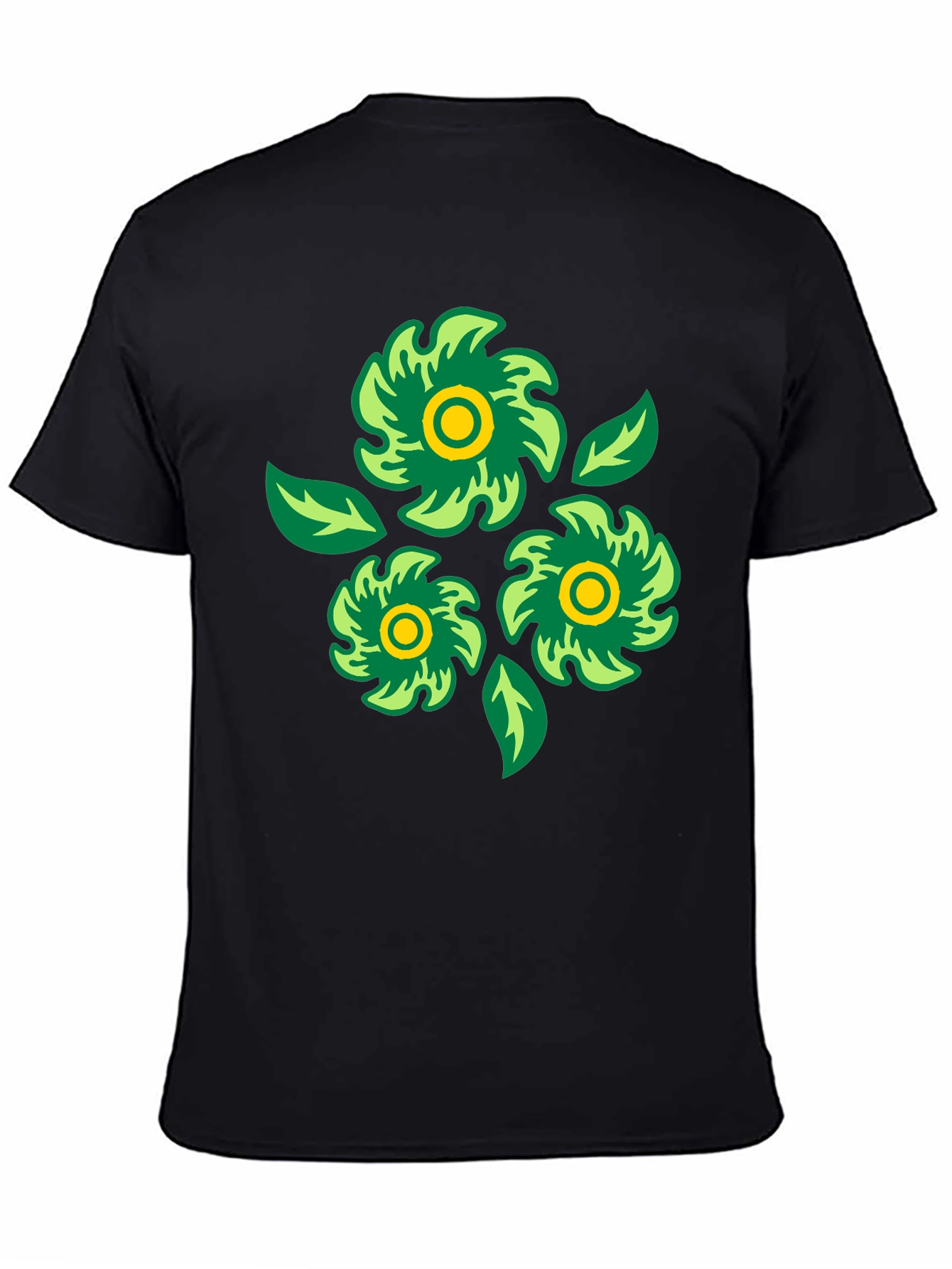 Green Floral Graphic Print Black T-Shirt