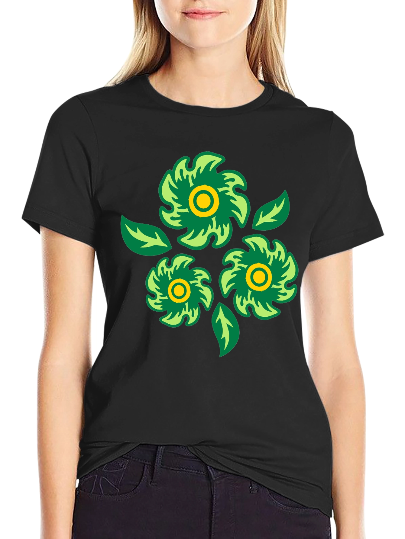 Green Floral Graphic Print Black T-Shirt