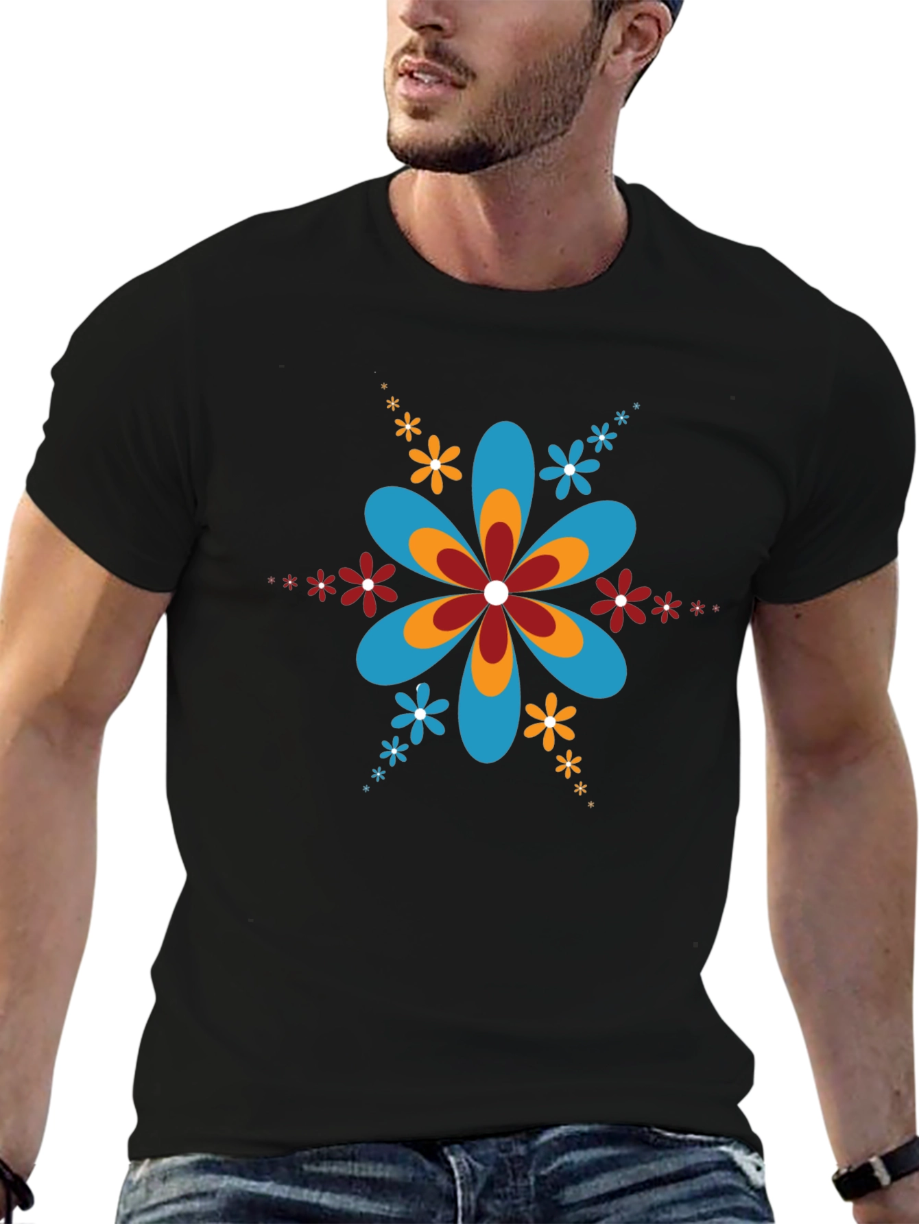 Retro Flower Power Black T-Shirt