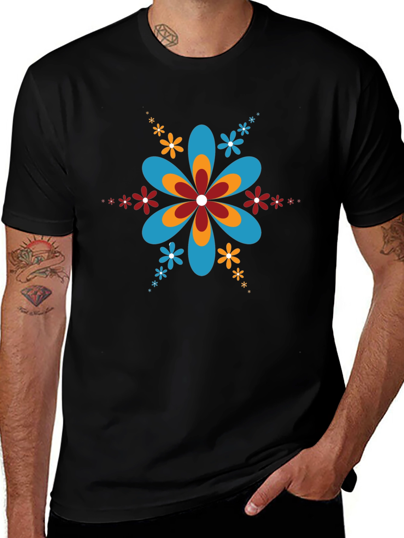 Retro Flower Power Black T-Shirt