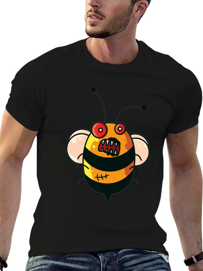 Mens Black T-Shirt with Cartoon Angry Bee Print