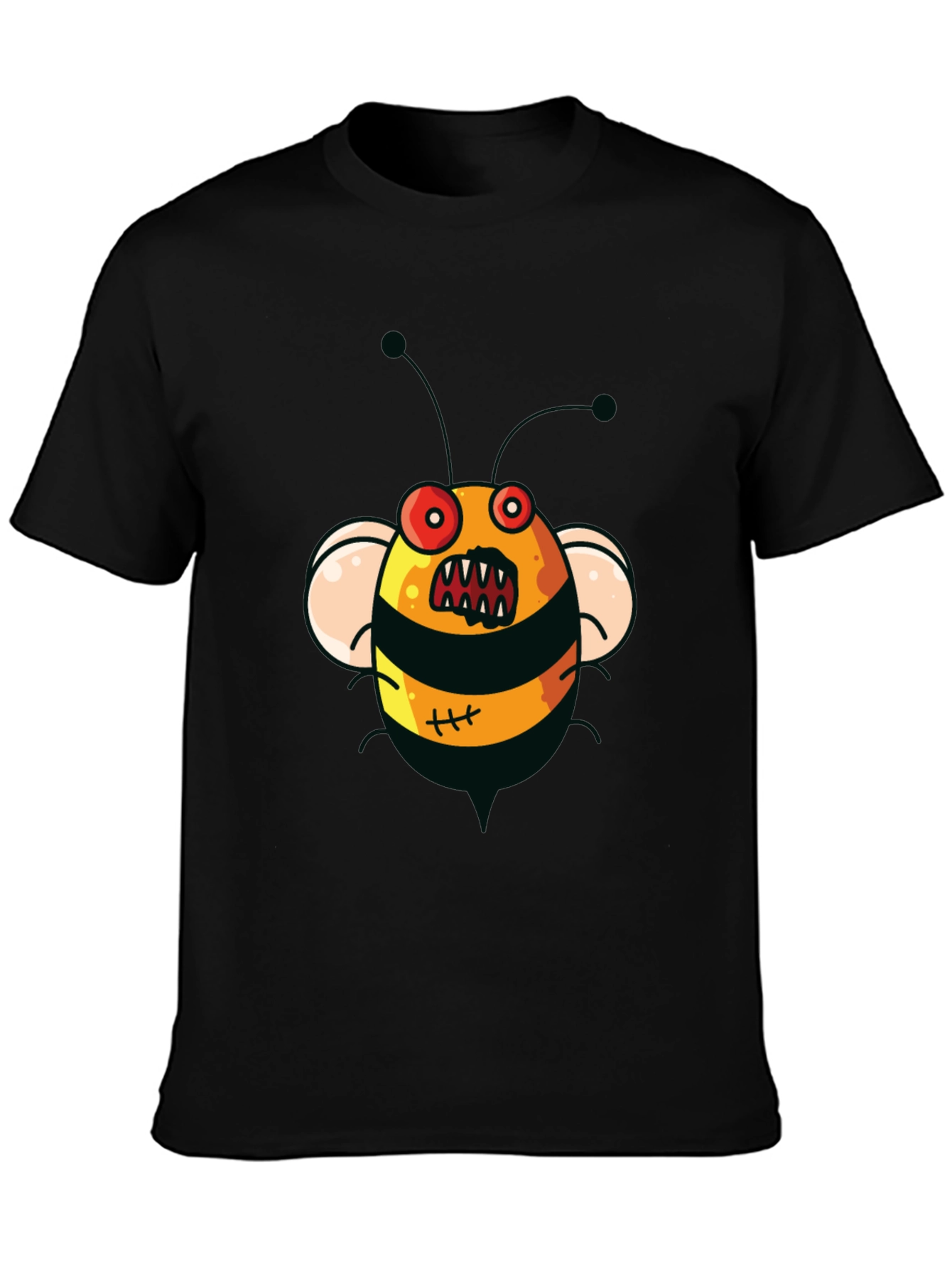 Mens Black T-Shirt with Cartoon Angry Bee Print