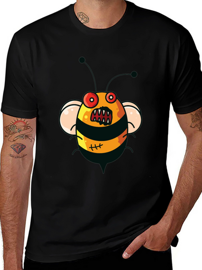 Mens Black T-Shirt with Cartoon Angry Bee Print