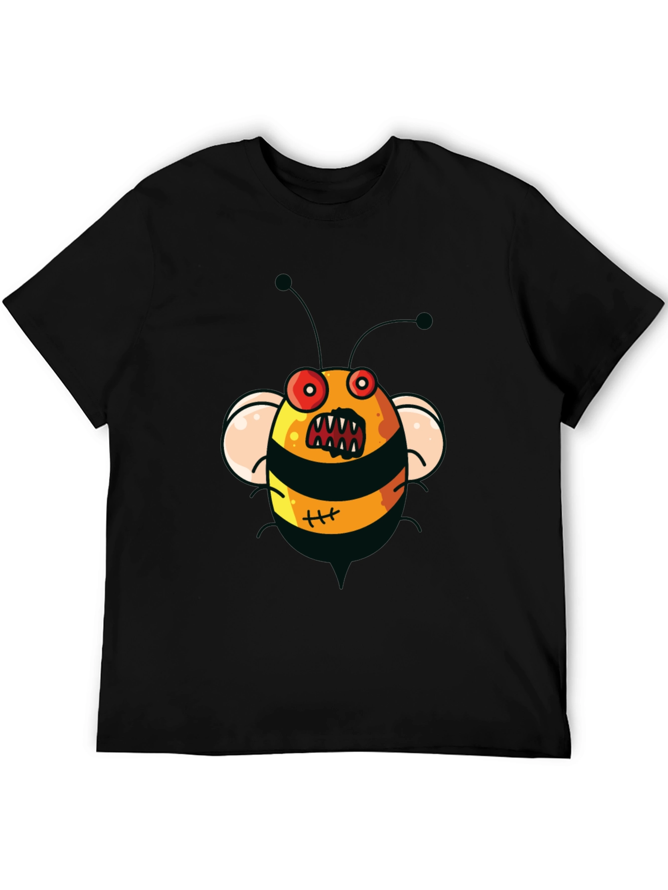 Mens Black T-Shirt with Cartoon Angry Bee Print