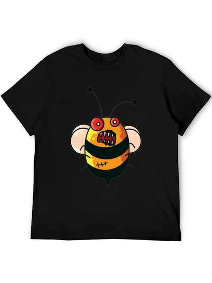 Mens Black T-Shirt with Cartoon Angry Bee Print