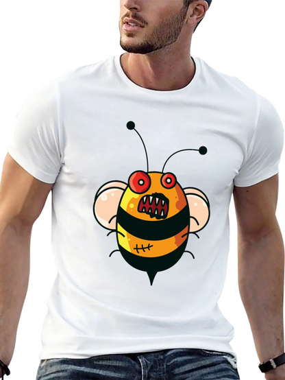 Mens Black T-Shirt with Cartoon Angry Bee Print