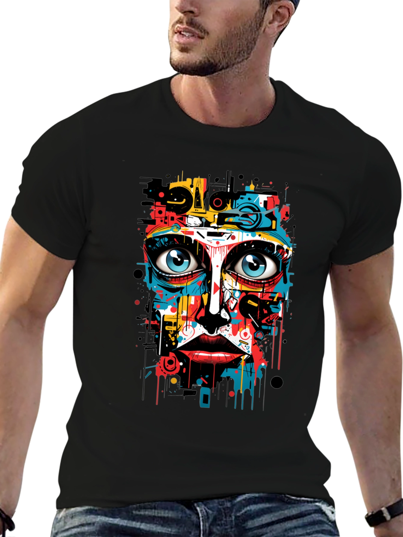 Abstract Art Face Print Black T-Shirt