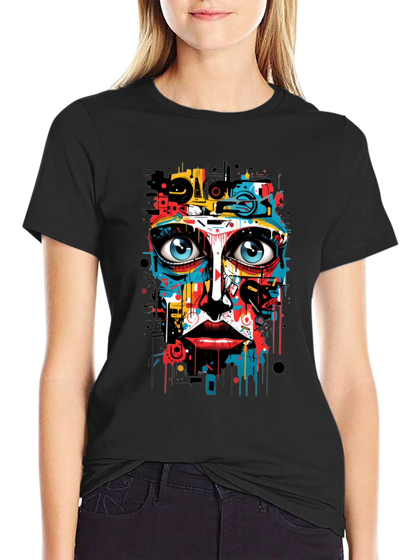Abstract Art Face Print Black T-Shirt