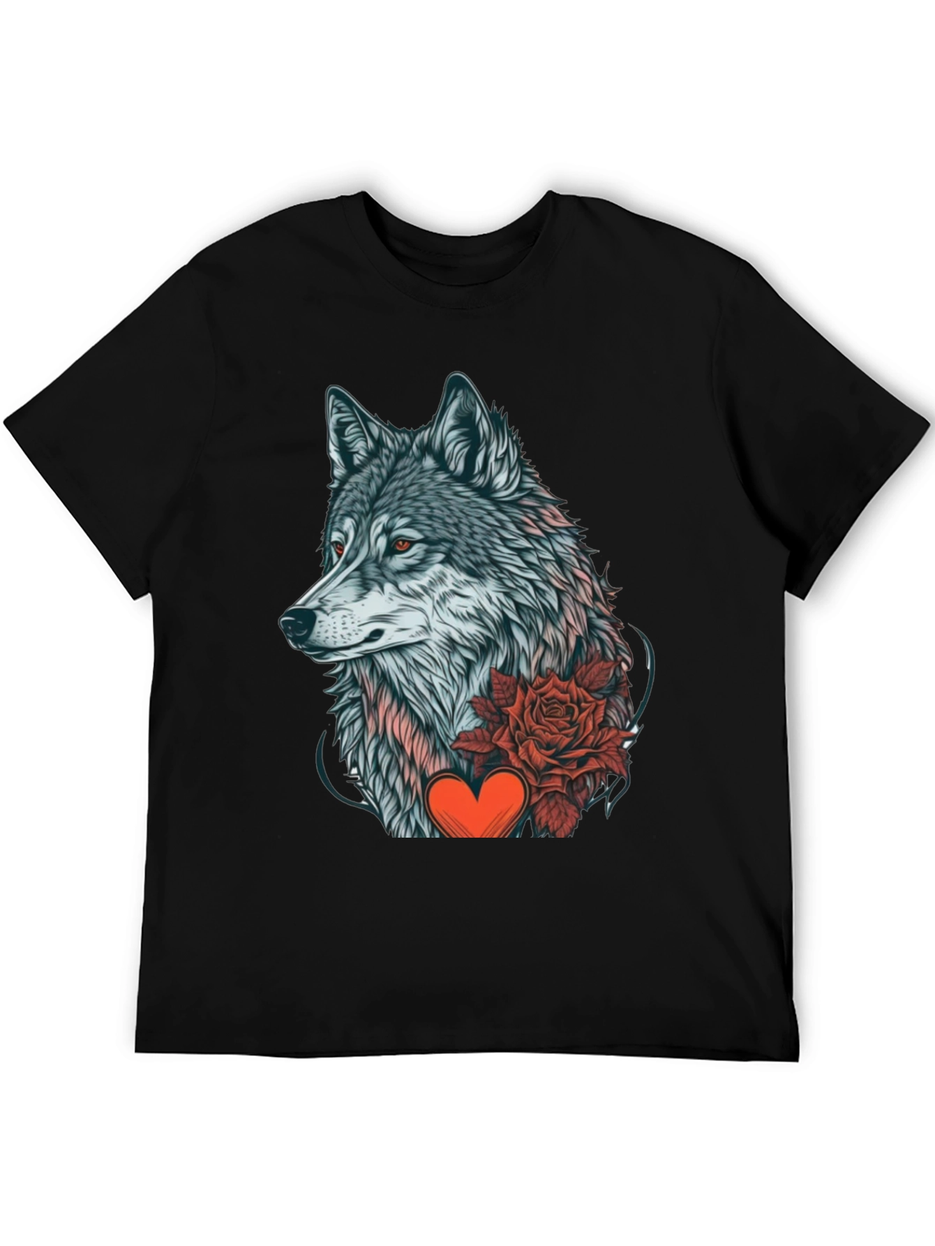 Wolf Rose Heart Graphic Black T-Shirt