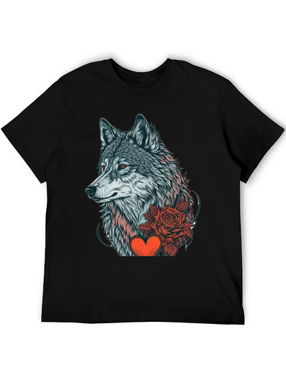 Wolf Rose Heart Graphic Black T-Shirt
