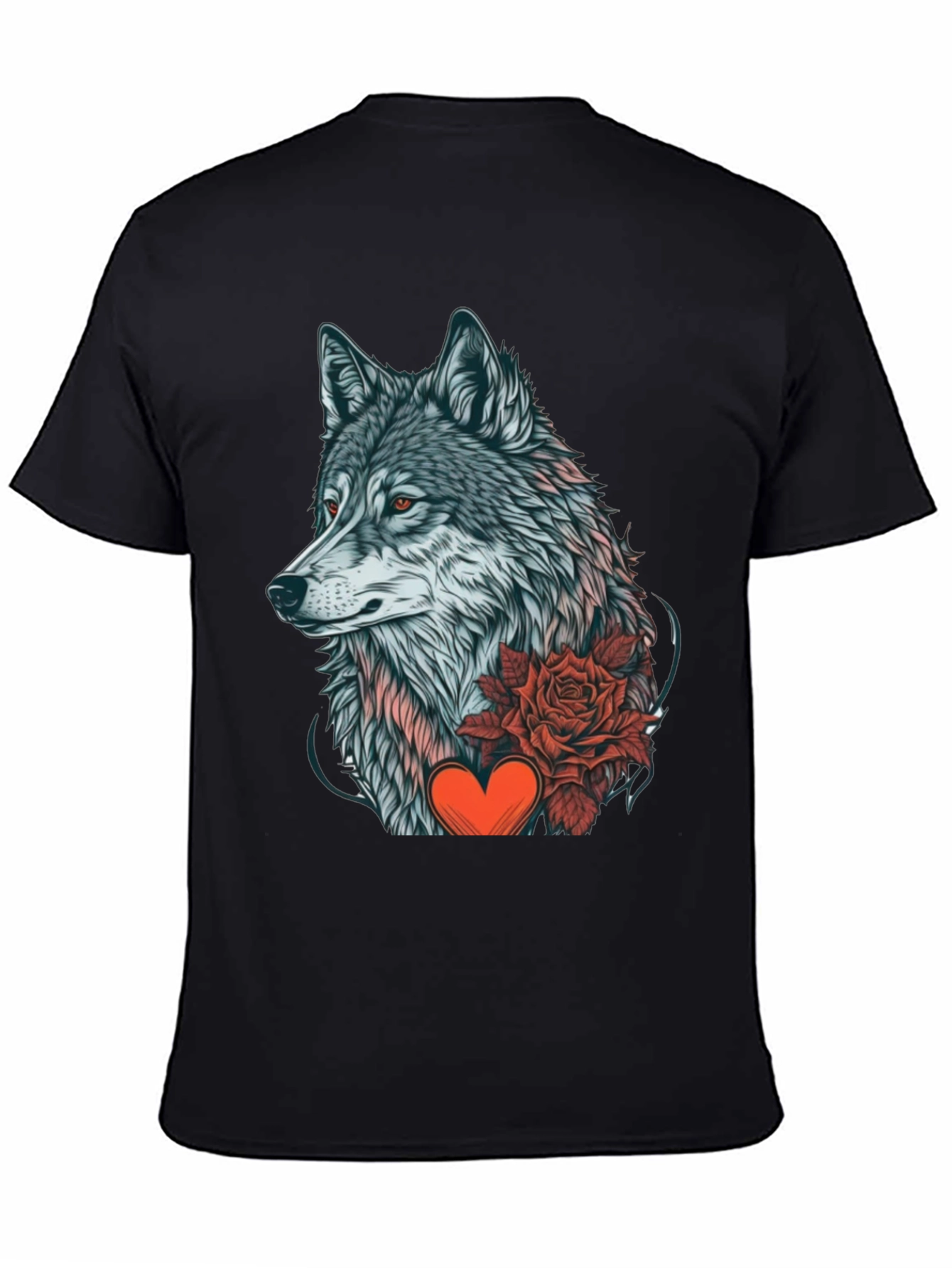 Wolf Rose Heart Graphic Black T-Shirt