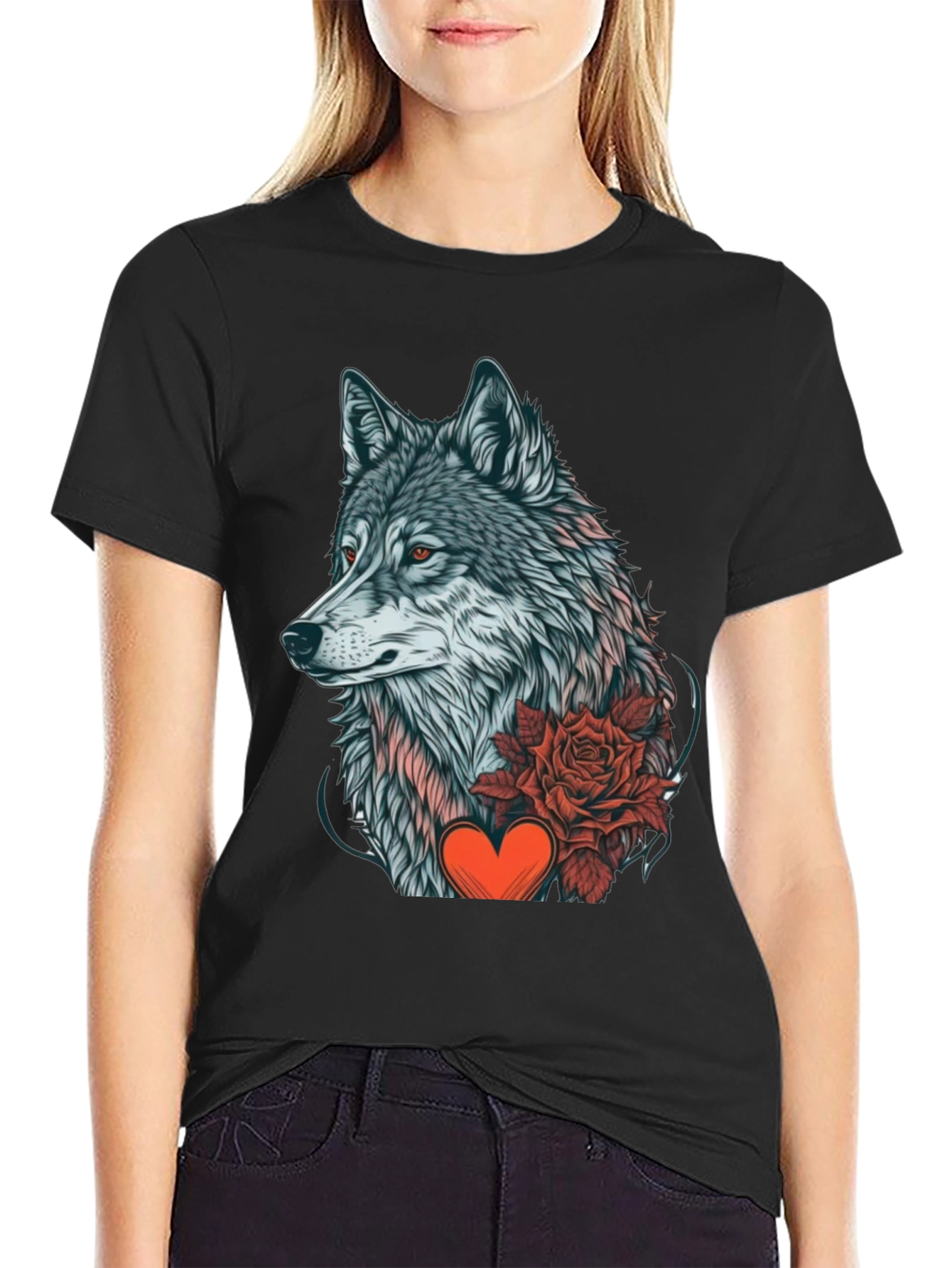 Wolf Rose Heart Graphic Black T-Shirt
