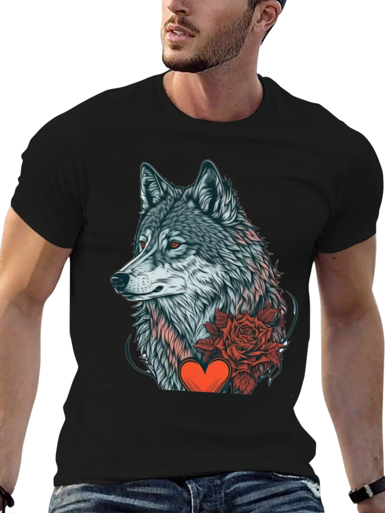Wolf Rose Heart Graphic Black T-Shirt