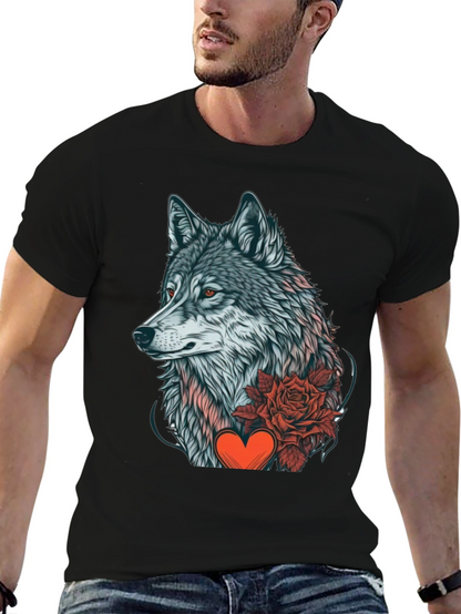 Wolf Rose Heart Graphic Black T-Shirt