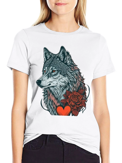 Wolf Rose Heart Graphic Black T-Shirt