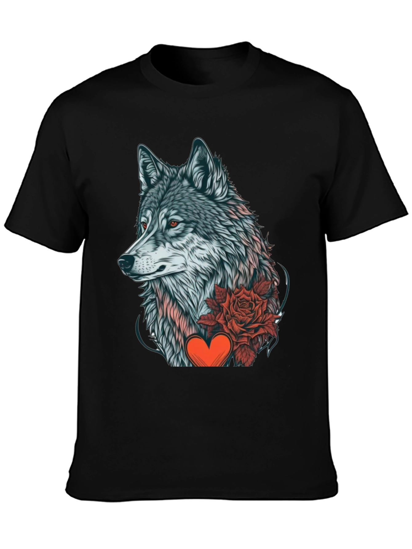 Wolf Rose Heart Graphic Black T-Shirt