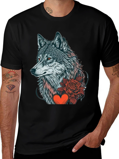 Wolf Rose Heart Graphic Black T-Shirt