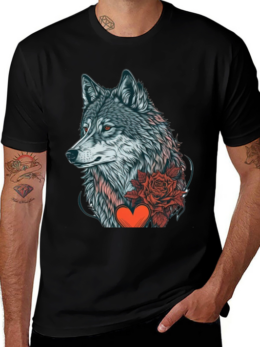 Wolf Rose Heart Graphic Black T-Shirt