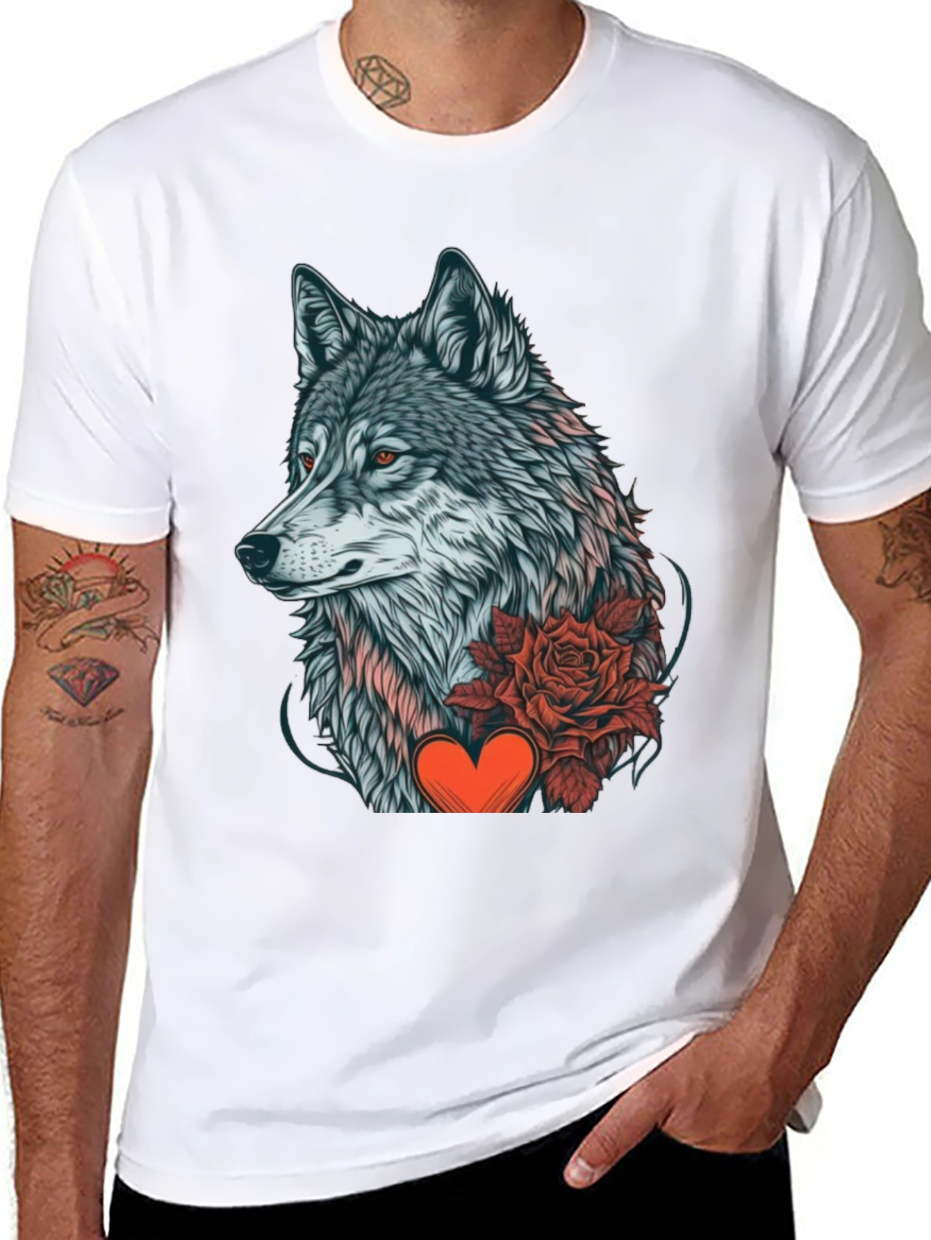 Wolf Rose Heart Graphic Black T-Shirt