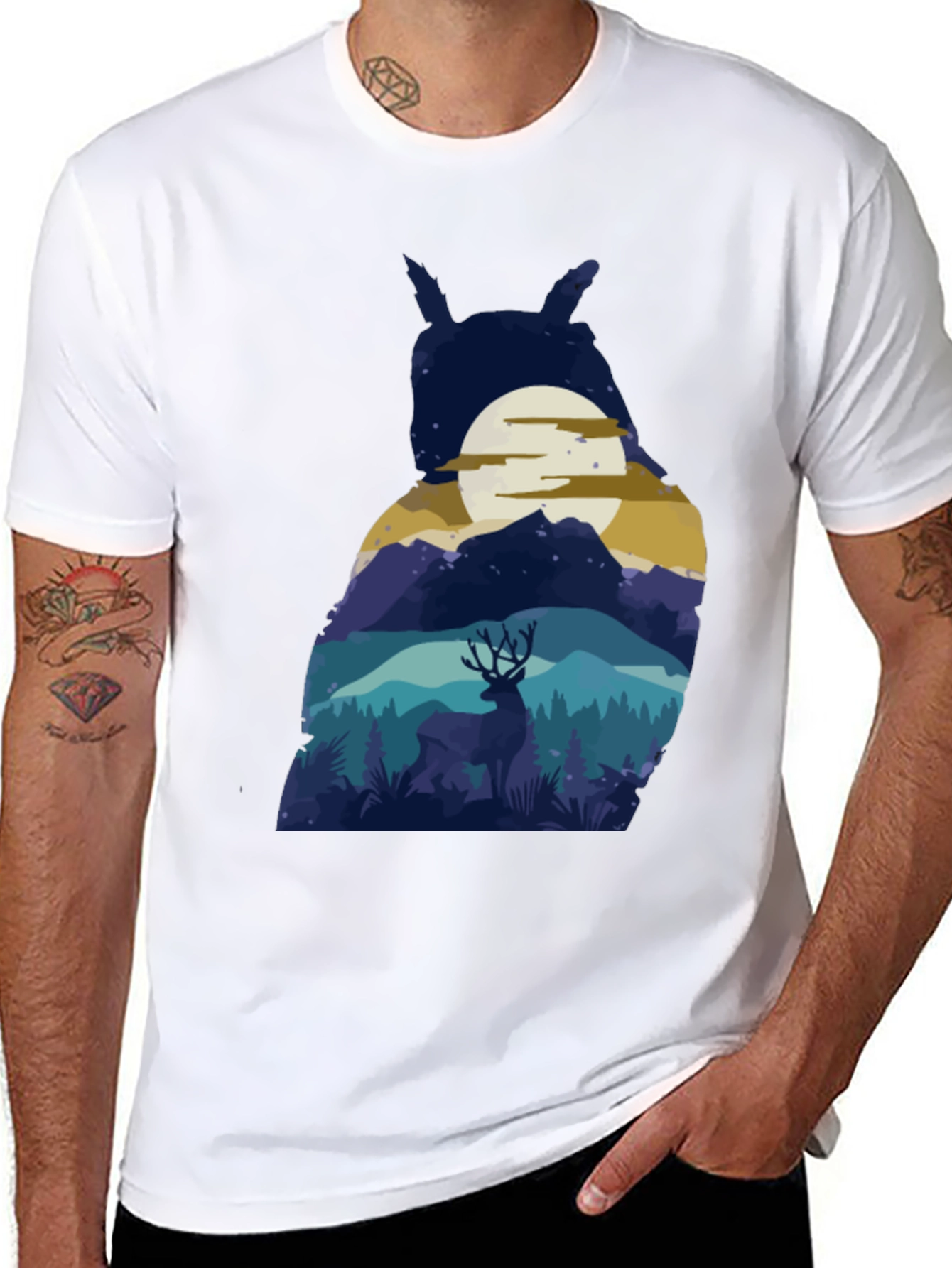 Owl Moon Deer T-Shirt - Nature Graphic Tee
