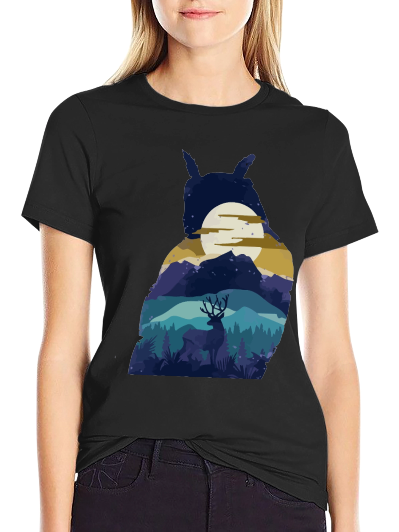 Owl Moon Deer T-Shirt - Nature Graphic Tee