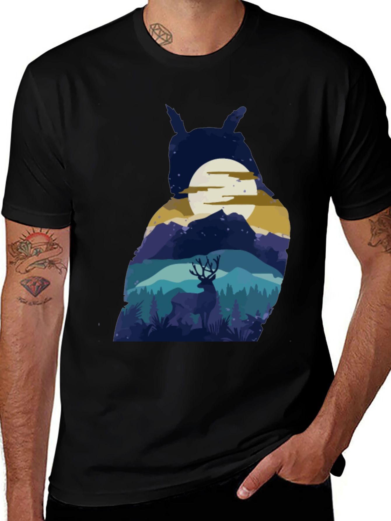 Owl Moon Deer T-Shirt - Nature Graphic Tee