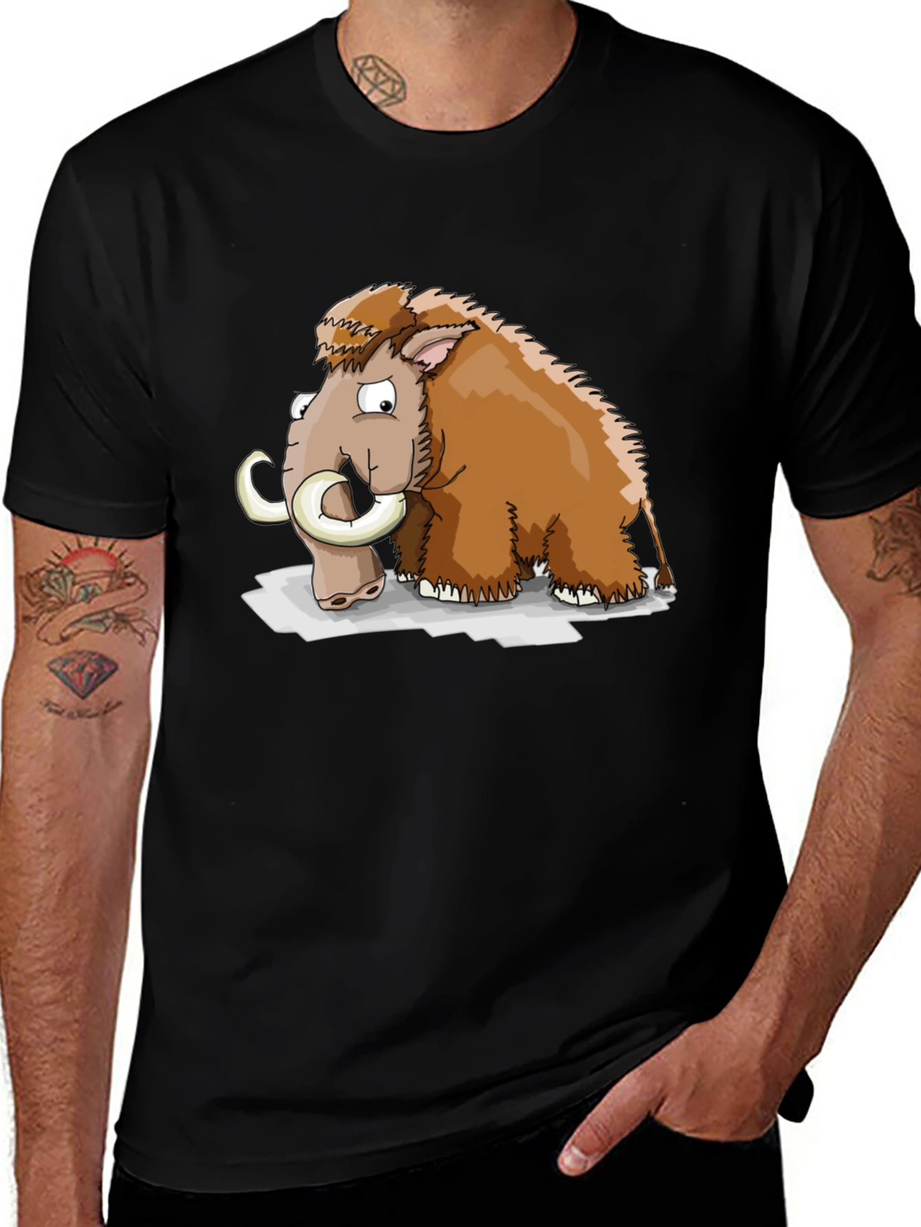 Cartoon Mammoth Graphic Tee - Black Cotton T-Shirt