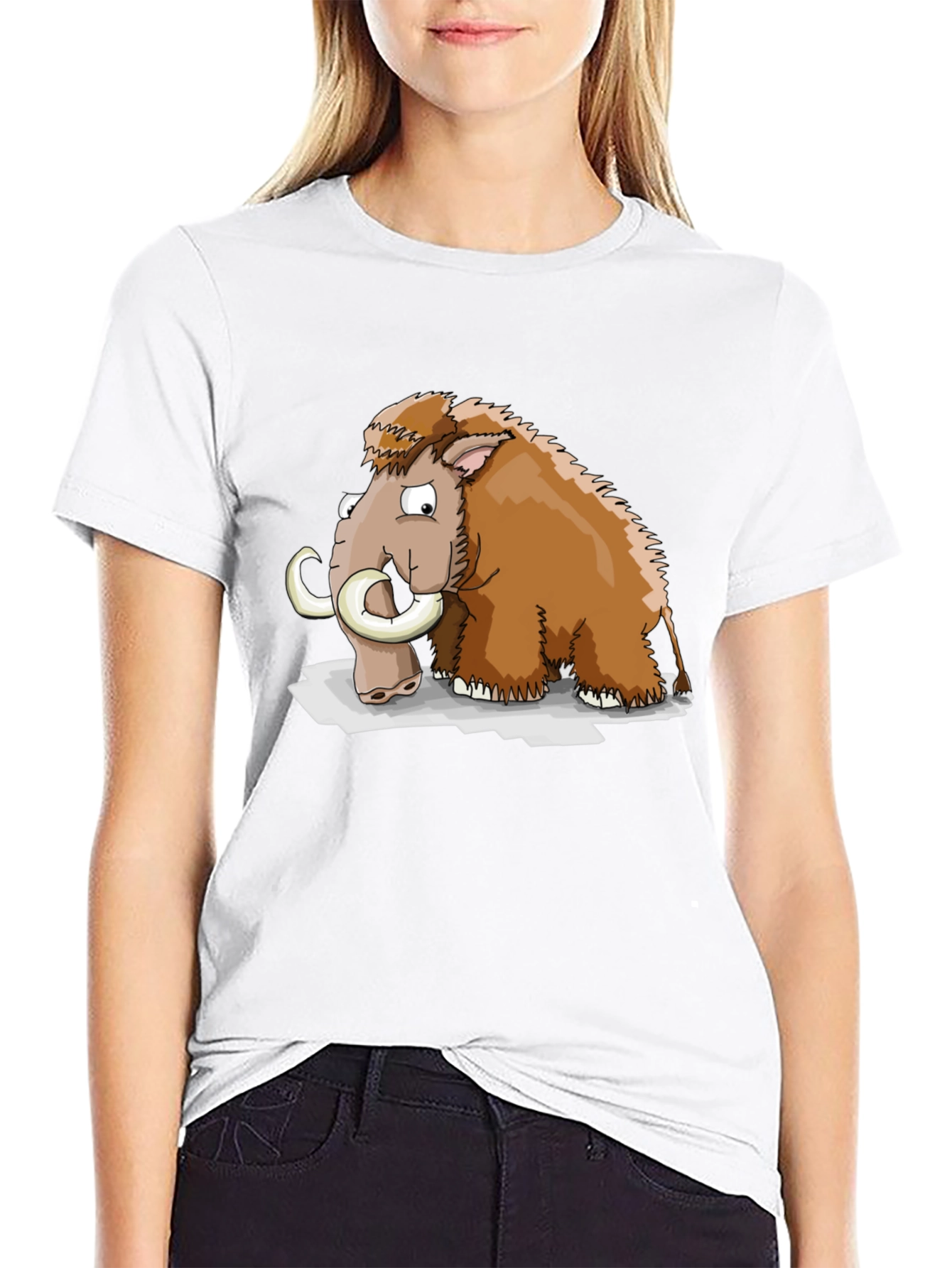 Cartoon Mammoth Graphic Tee - Black Cotton T-Shirt