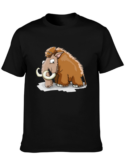 Cartoon Mammoth Graphic Tee - Black Cotton T-Shirt