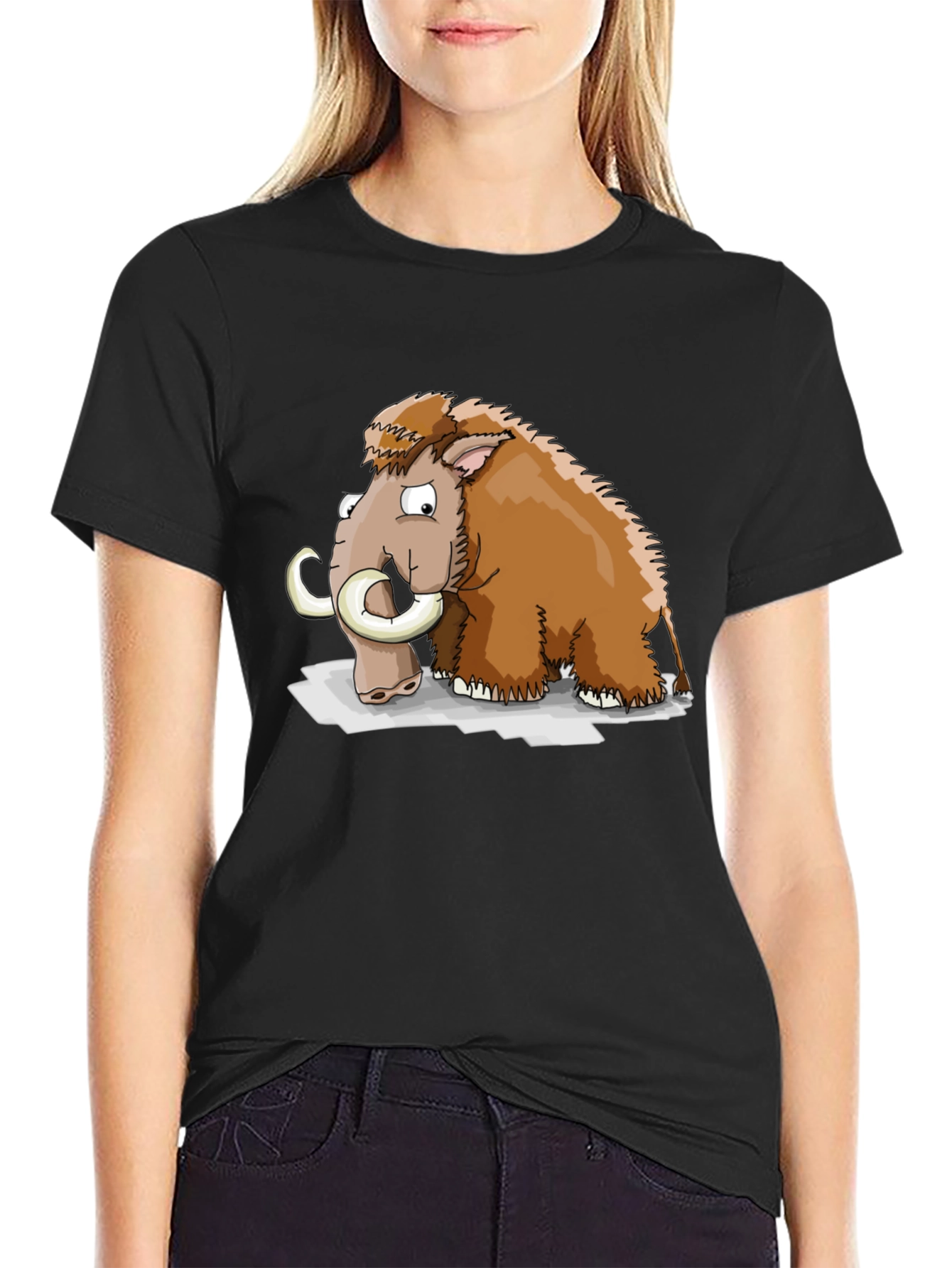 Cartoon Mammoth Graphic Tee - Black Cotton T-Shirt