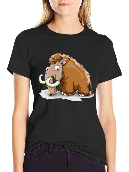 Cartoon Mammoth Graphic Tee - Black Cotton T-Shirt