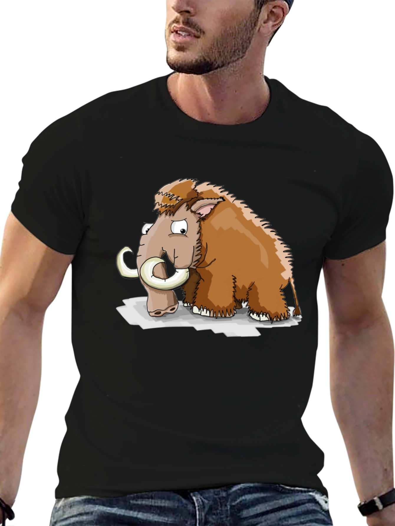 Cartoon Mammoth Graphic Tee - Black Cotton T-Shirt