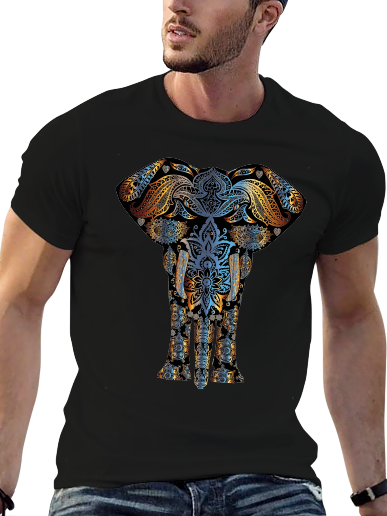 Elephant Mandala Graphic Print Black T-Shirt