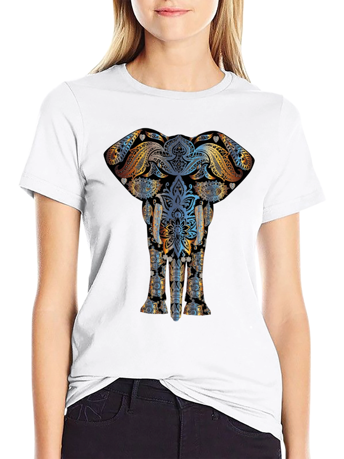 Elephant Mandala Graphic Print Black T-Shirt